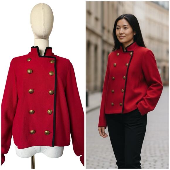 Lauren Ralph Lauren Red Knit Military Double Breasted Sweater Cardigan Sz Large - Picture 1 of 16